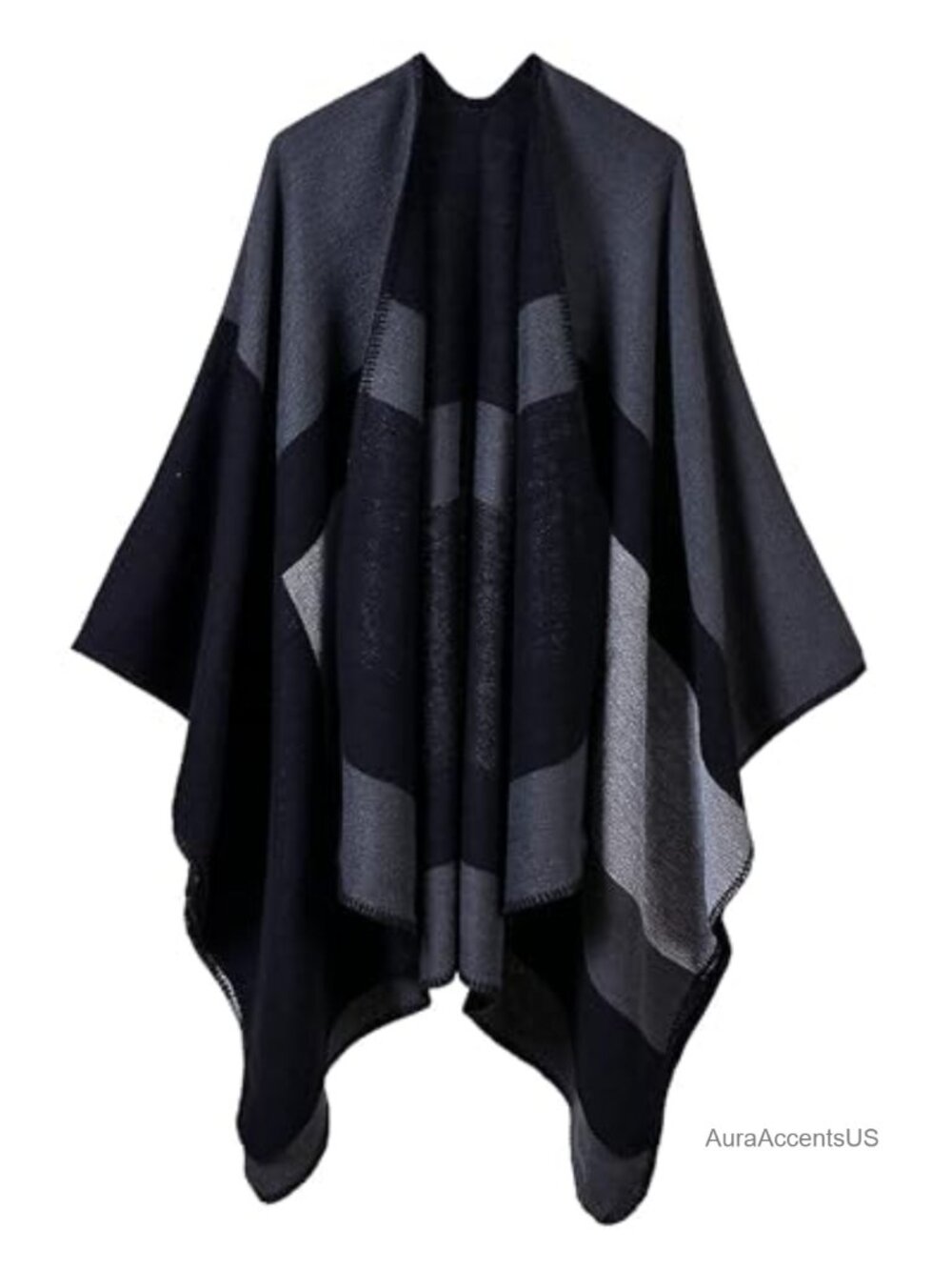 Womens Reversible Open Front Poncho Wrap Acrylic Shawl Cape